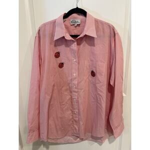 Las Olas Red Shirt Ladies Sz XL Ladybug Garden Button Front Long Sleeve